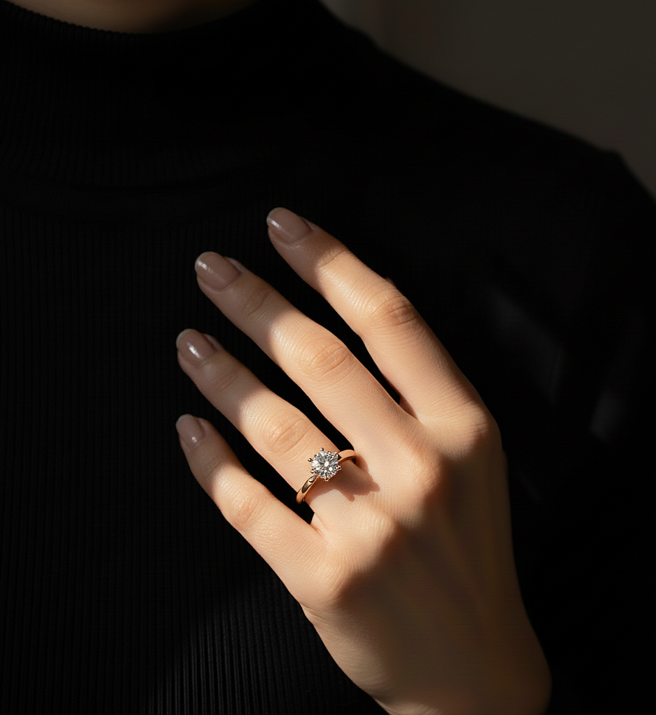 360 view video of round lab grown diamond six claw anniversary ring rotating on white background