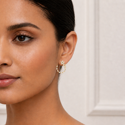 Wear look of circular hoop earrings featuring marquise lab diamonds