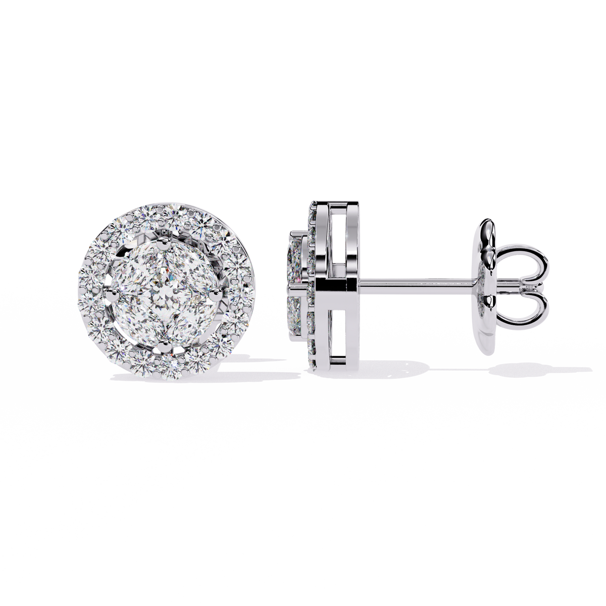 Marquise And Round Cut Diamond Halo Style Prong Set Statement Screw Back Stud Earring Annivrasry Gift - HIGHCARAT DIAMONDS