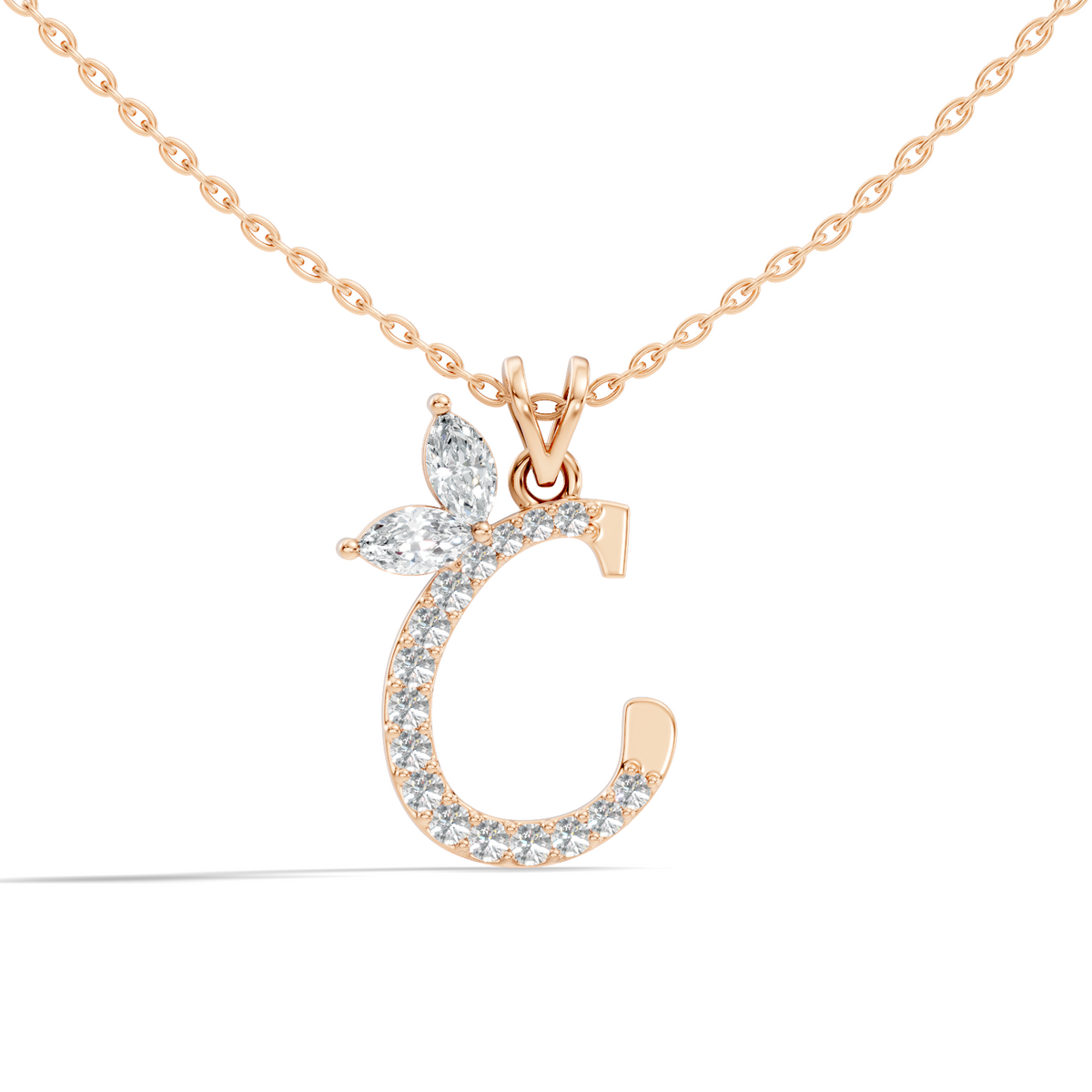 14K Solid Yellow Gold Marquise and Round Cut Diamond C Alphabet Pendant For Her - HIGHCARAT DIAMONDS