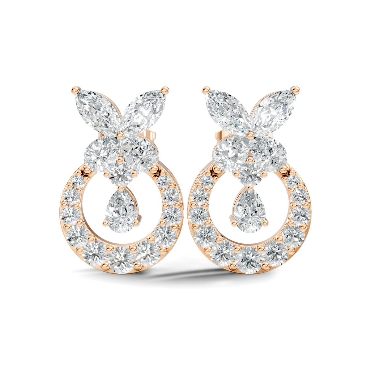 14K White Gold Marquise Or Round Floral Halo Circle Diamond Earrings With Pear Drop - HIGHCARAT DIAMONDS