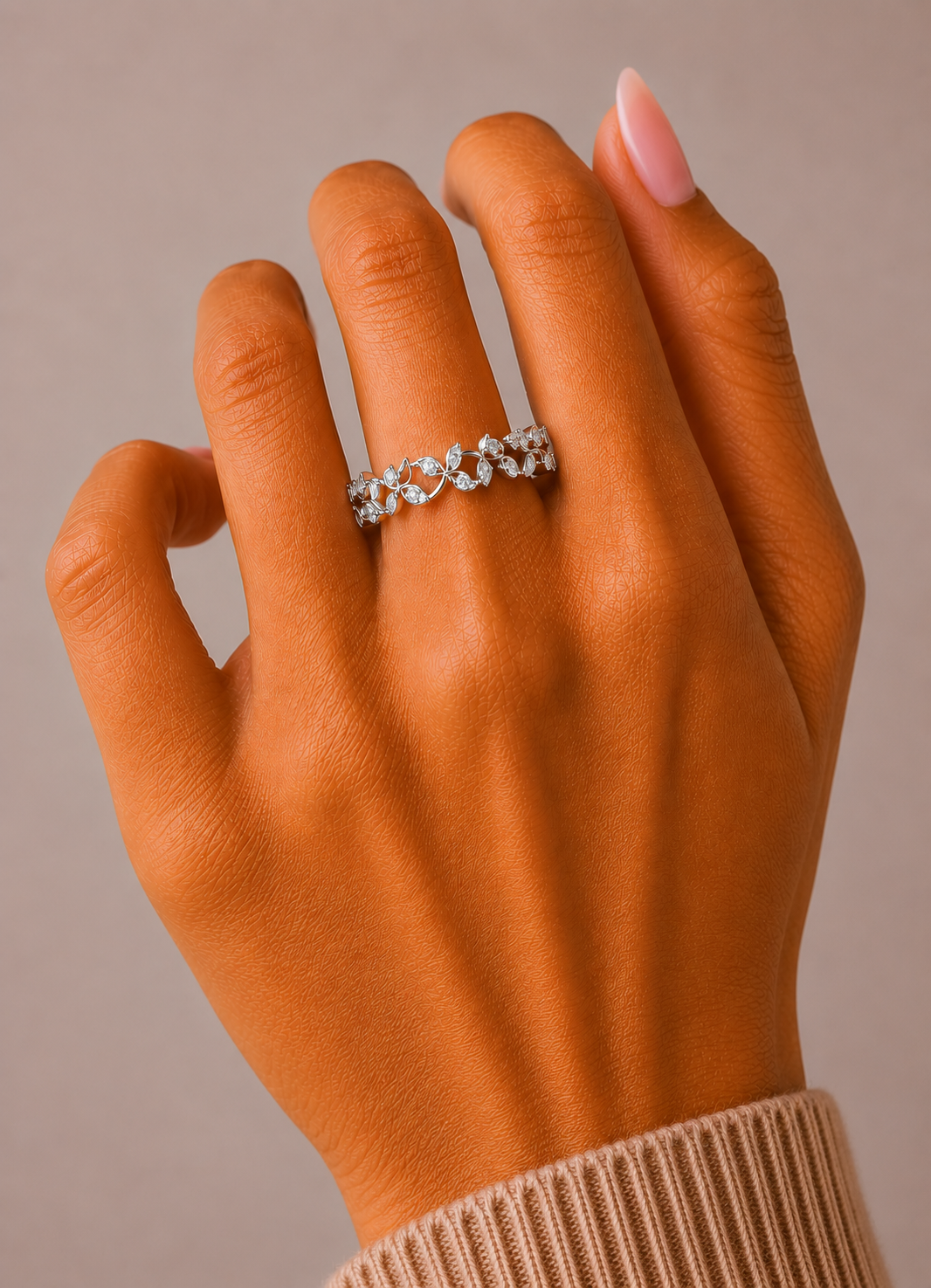 Minimalist  Round Diamond Leaf Ring Band  Nature-Inspired Dainty Band In 14K Solid Gold - HIGHCARAT DIAMONDS