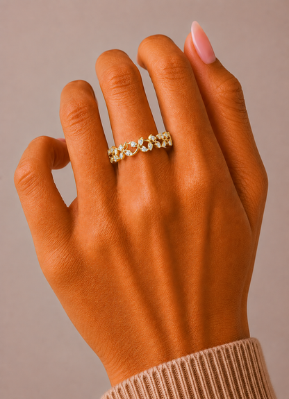 Minimalist  Round Diamond Leaf Ring Band  Nature-Inspired Dainty Band In 14K Solid Gold - HIGHCARAT DIAMONDS