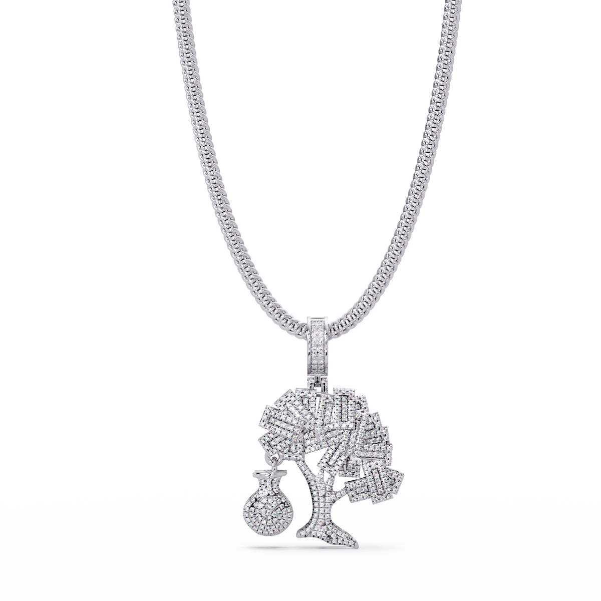 Money Tree Iced Diamond Pendant Cash Bag Charm Necklace - HIGHCARAT DIAMONDS