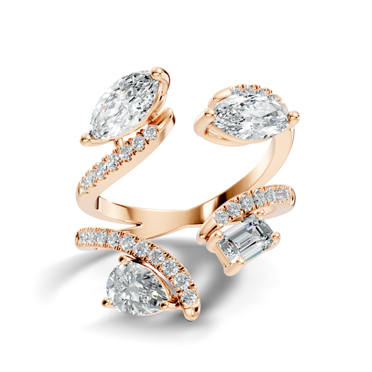 2.15Ct Emerald, Pear, Marquise and Round Cut Diamond Unique Vintage Bypass Dainty Party Wear Ring For Women's - HIGHCARAT DIAMONDS