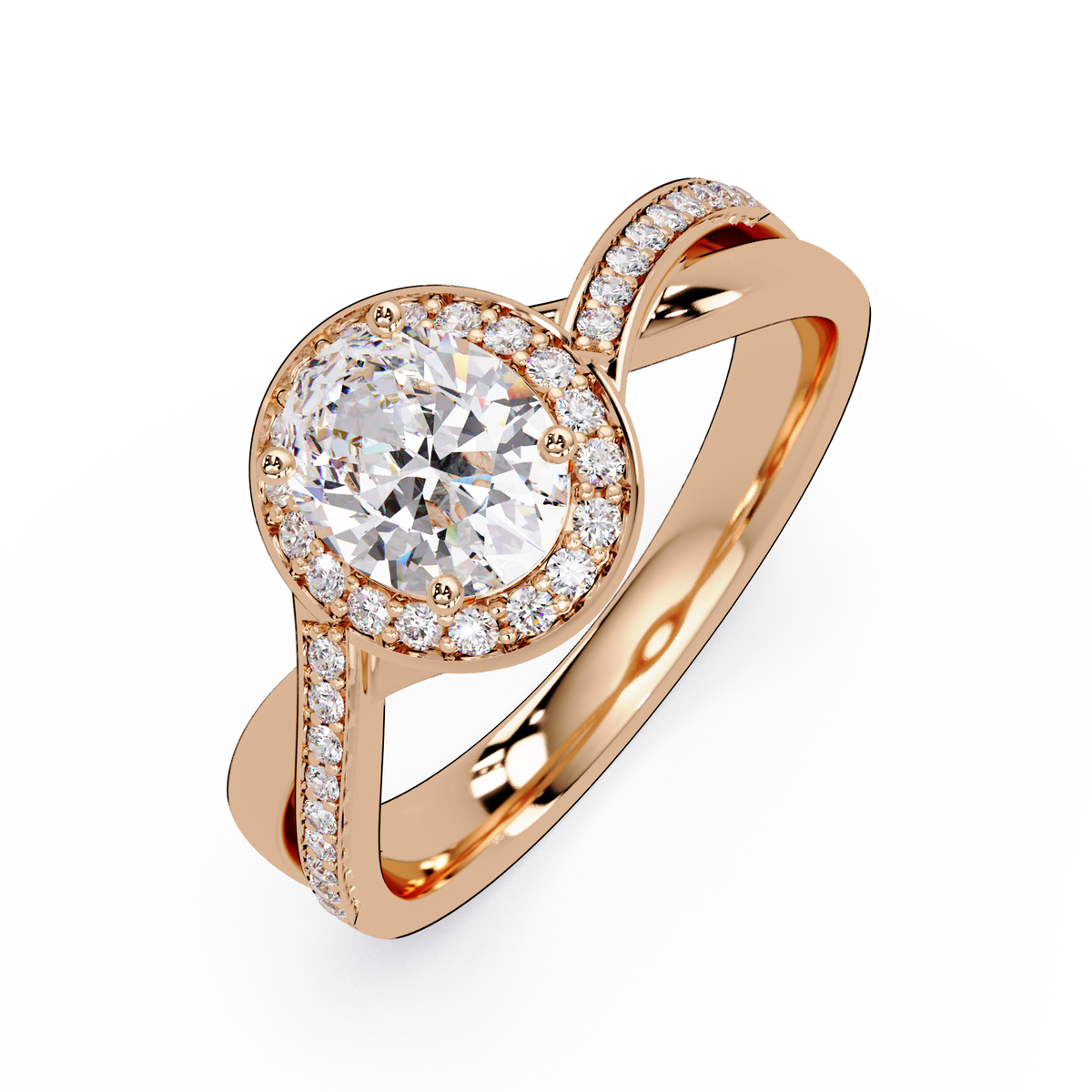 Oval Lab Grown Diamond Twisted Pave Band Halo Ring - HIGHCARAT DIAMONDS