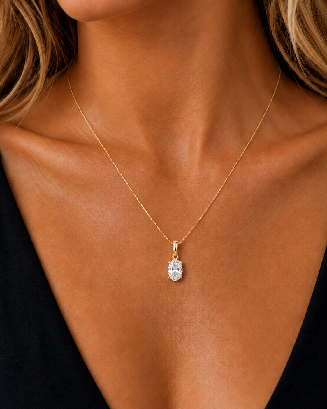 Oval Lab Grown Diamond Solitaire Pendant in Gold Close-Up Detail