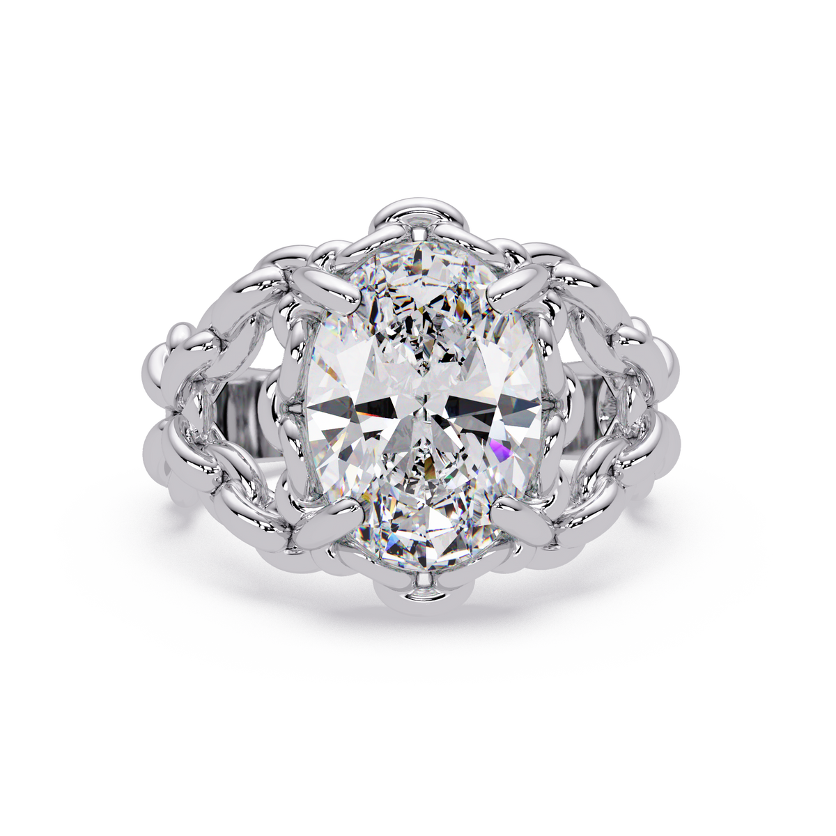Front view of oval lab grown diamond chain link ring