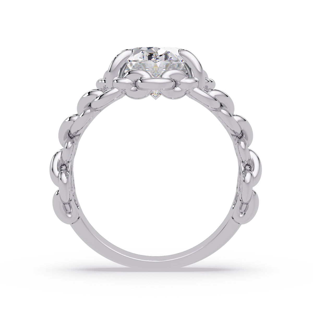 Close up of oval lab diamond ring with chain link details