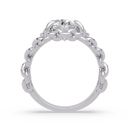 Close up of oval lab diamond ring with chain link details
