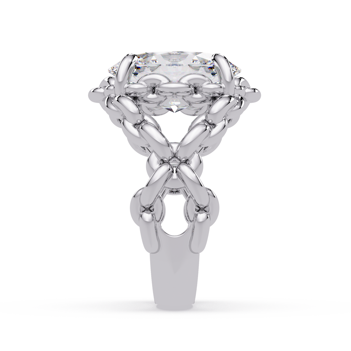 Hand wearing oval solitaire chain link lab diamond ring