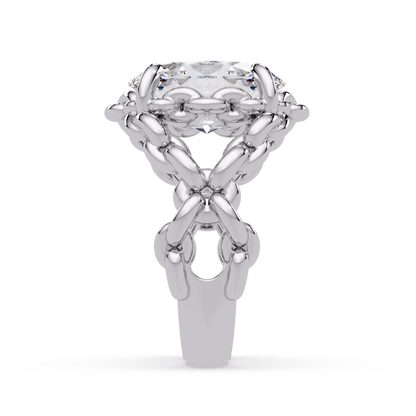 Hand wearing oval solitaire chain link lab diamond ring