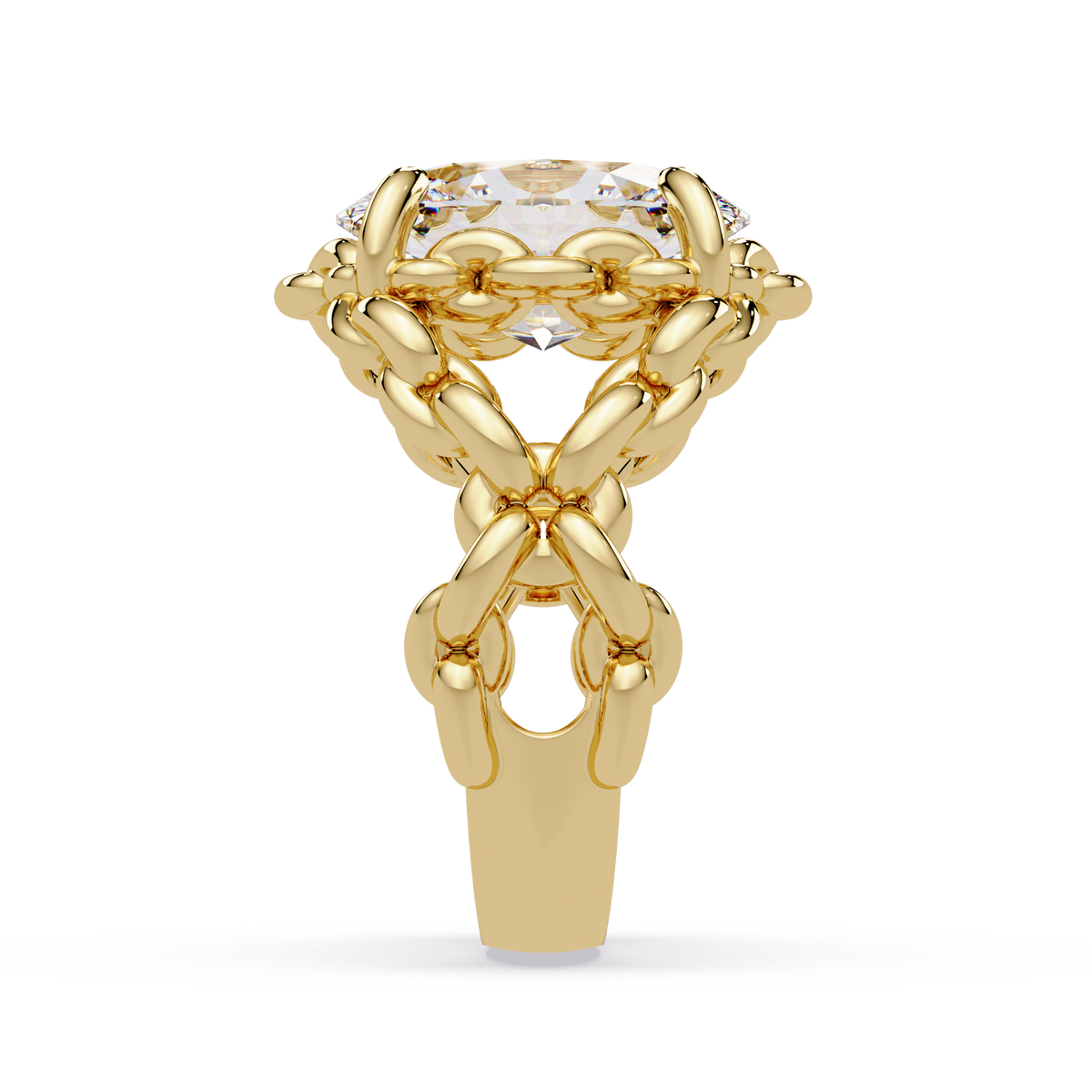 Angled view of oval cut diamond ring with chain link finish