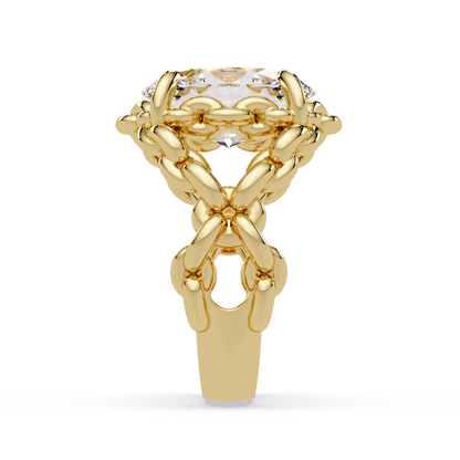 Angled view of oval cut diamond ring with chain link finish