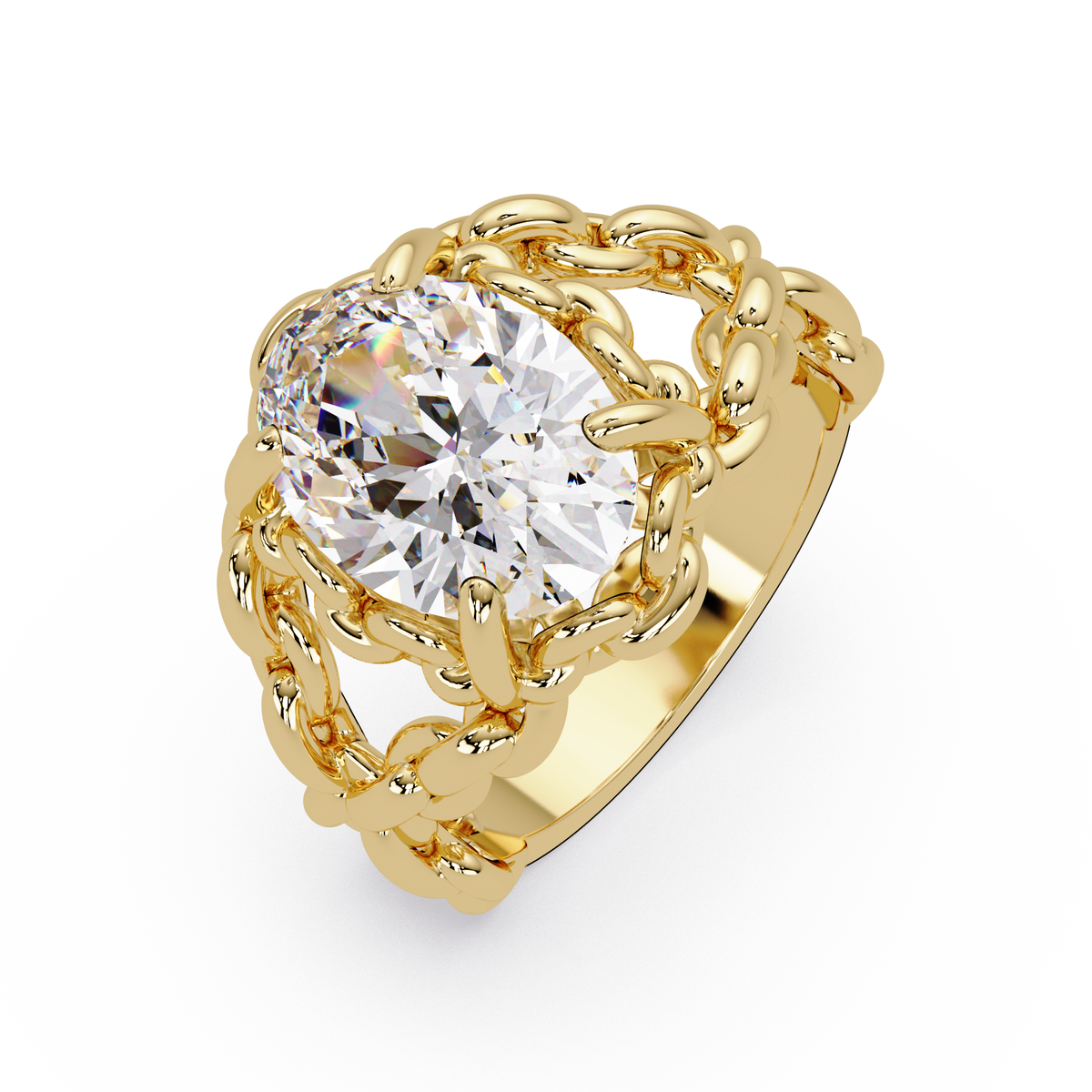 360 view video of oval lab grown diamond chain-link style ring rotating on white background