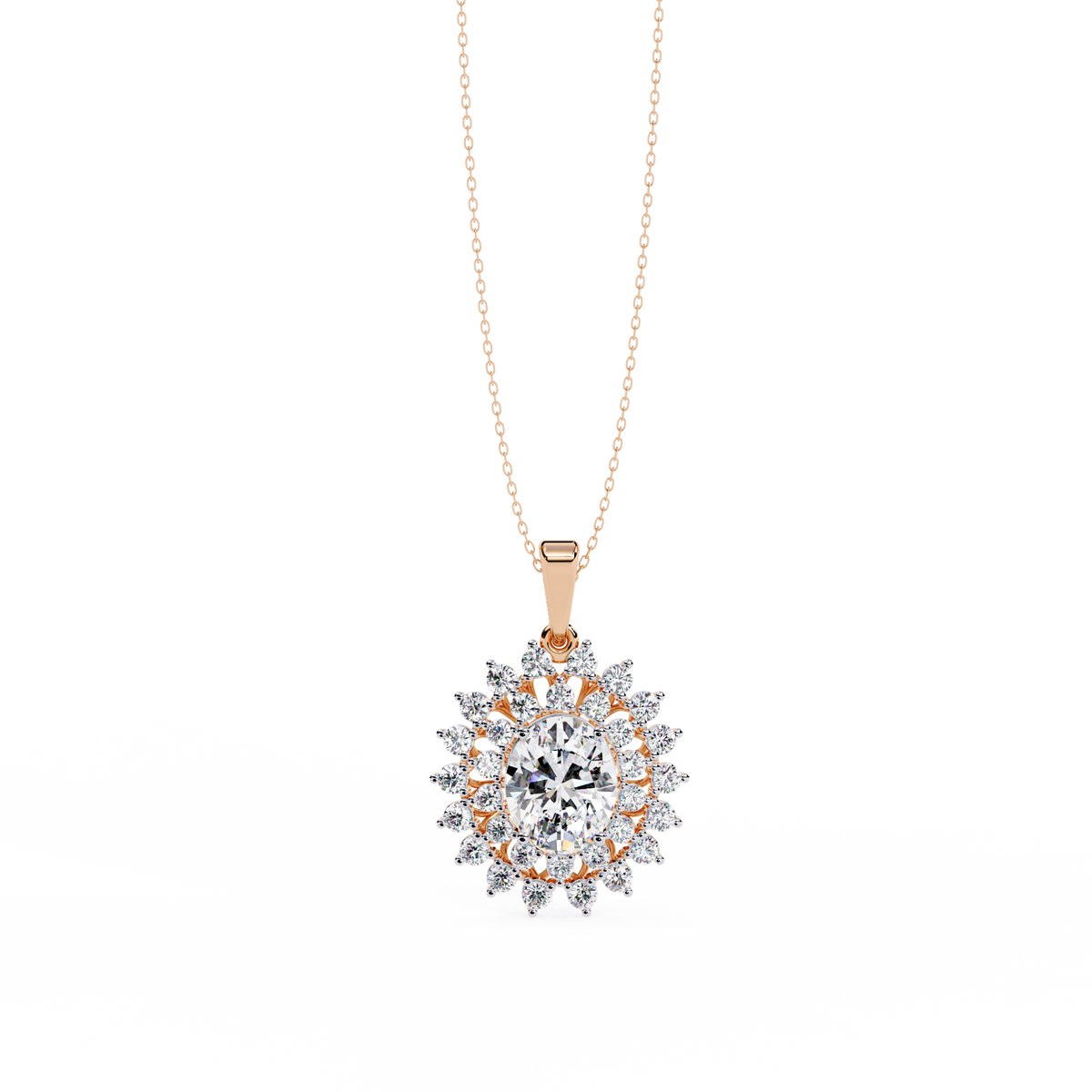 Oval lab grown diamond double halo pendant necklace