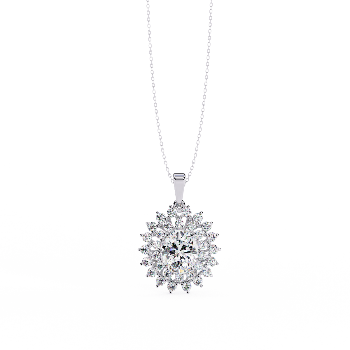 Oval diamond halo pendant in rose gold finish