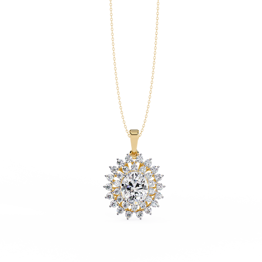 Oval center stone pendant with double diamond halo
