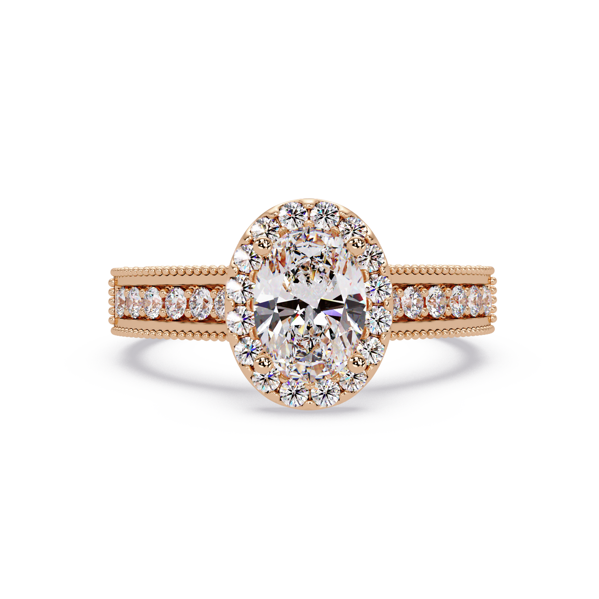 Oval Lab Grown Diamond Rose Gold Migraine Double Band Halo Ring - HIGHCARAT DIAMONDS