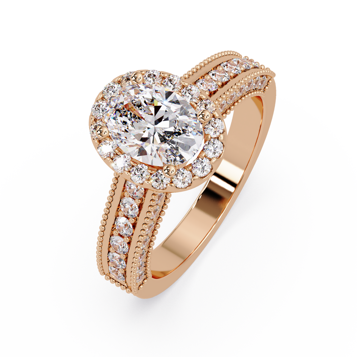 Oval Lab Grown Diamond Rose Gold Migraine Double Band Halo Ring - HIGHCARAT DIAMONDS