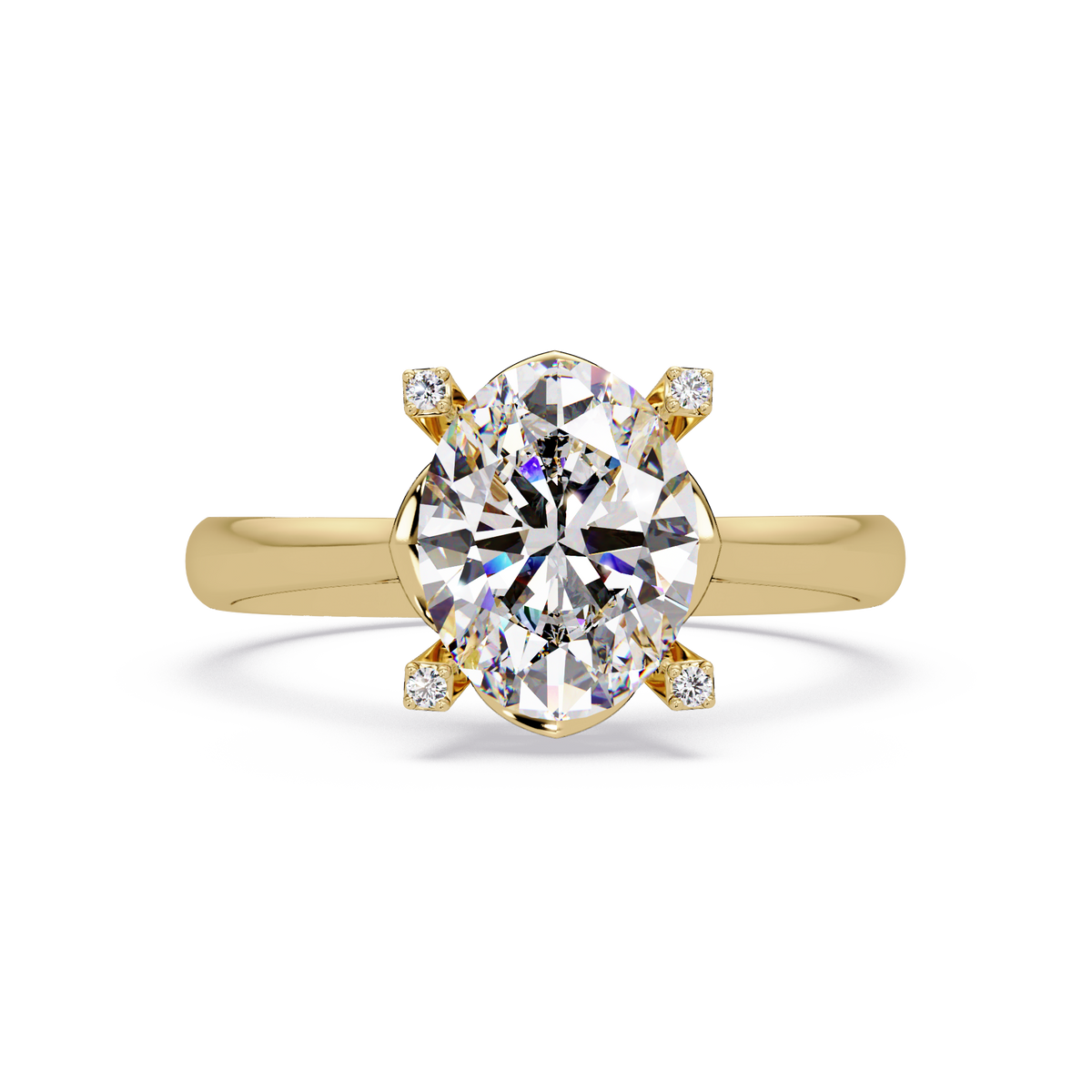 Front view of oval cut lab grown diamond solitaire ring with accent prongs