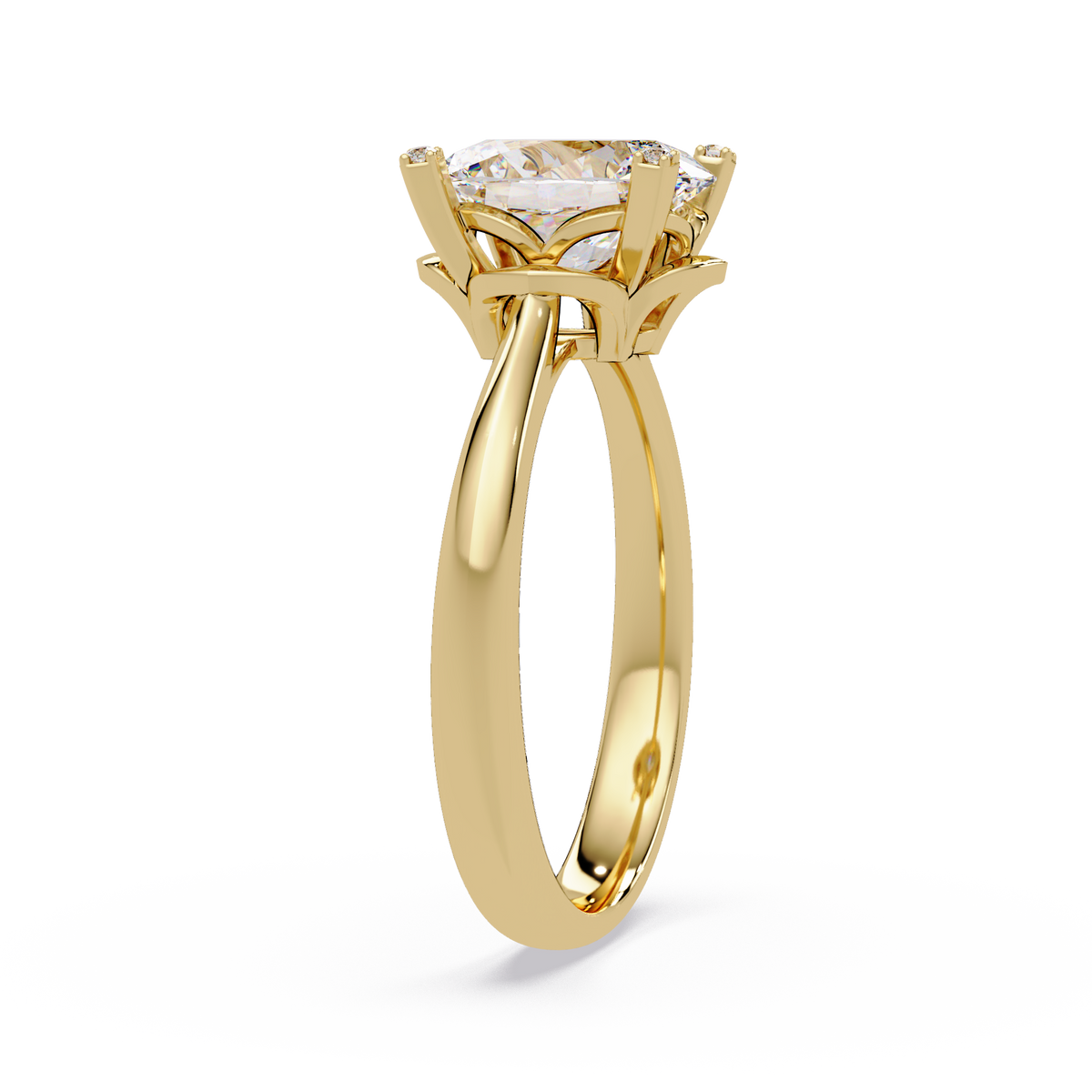Close up of oval lab diamond solitaire ring with refined prong details