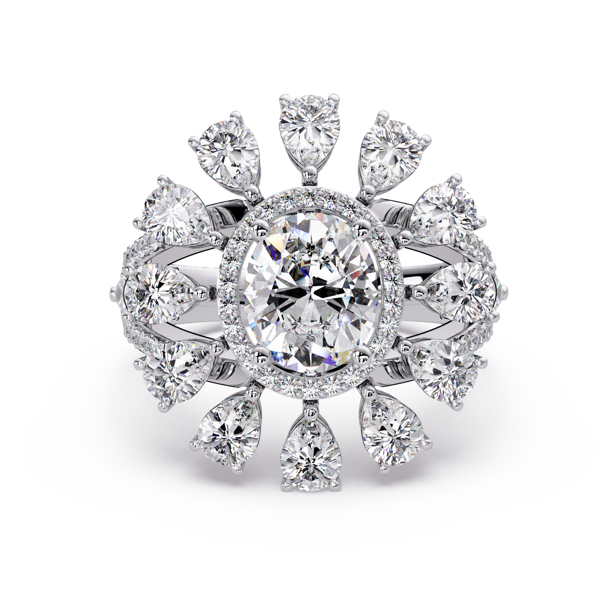 Oval Lab Grown Diamond Sunburst Halo Statement Ring - HIGHCARAT DIAMONDS