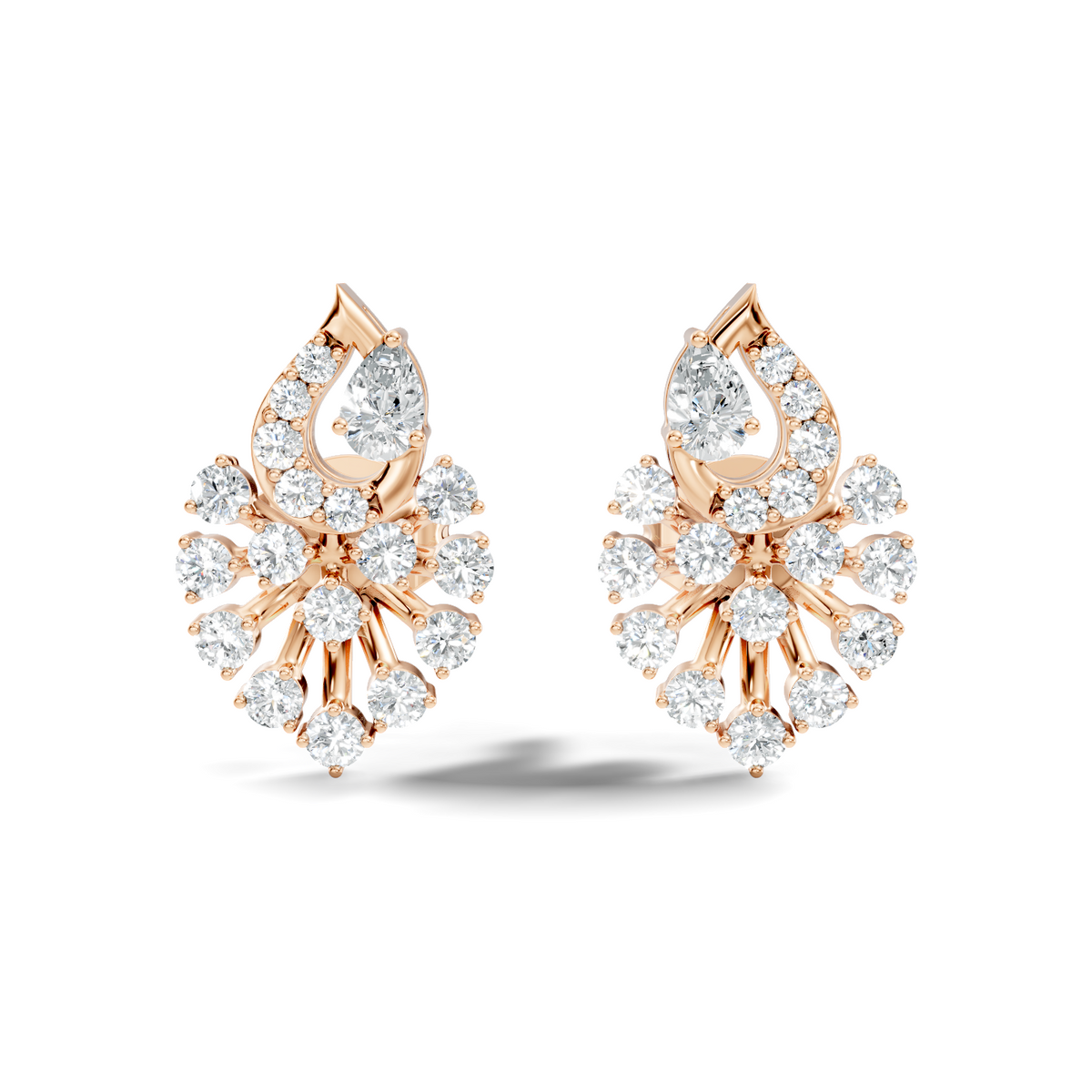 Lab Grown Floral Leaf Cluster Diamond Stud Earrings 14K Rose Gold Statement Design - HIGHCARAT DIAMONDS