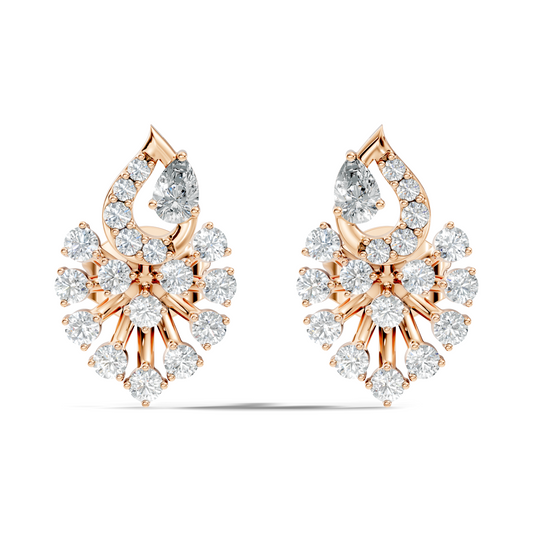Lab Grown Floral Leaf Cluster Diamond Stud Earrings 14K Rose Gold Statement Design - HIGHCARAT DIAMONDS