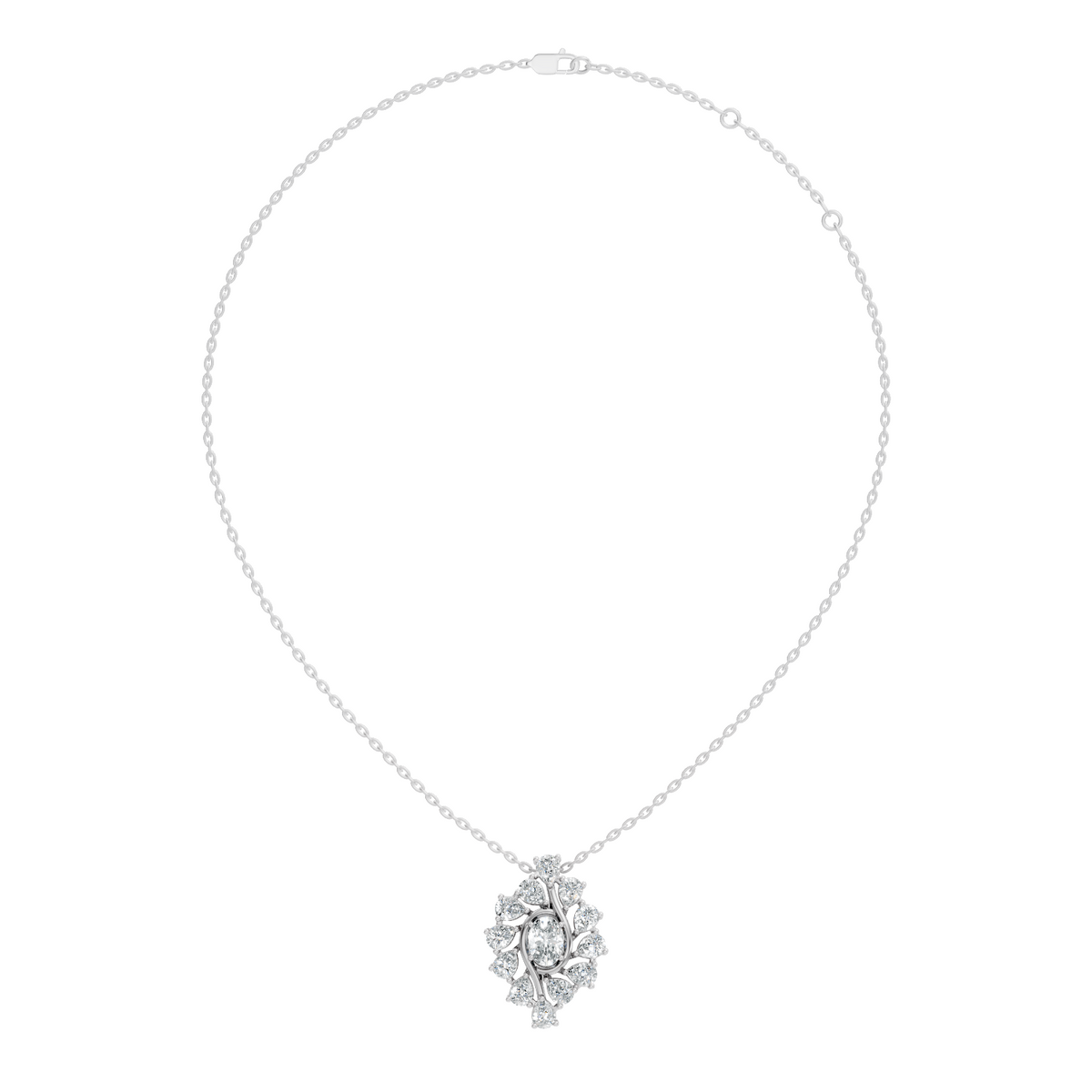 Oval Lab-Grown Diamond Floral Halo Pendant 14K White Gold Necklace With Pear Elegence - HIGHCARAT DIAMONDS