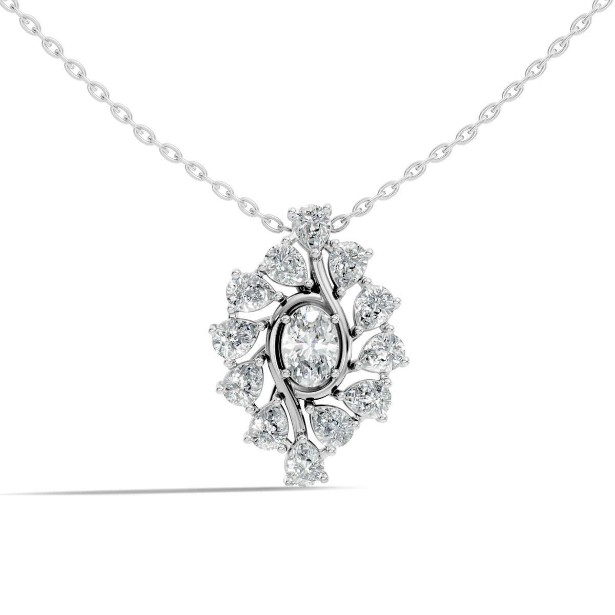 Oval Lab-Grown Diamond Floral Halo Pendant 14K White Gold Necklace With Pear Elegence - HIGHCARAT DIAMONDS