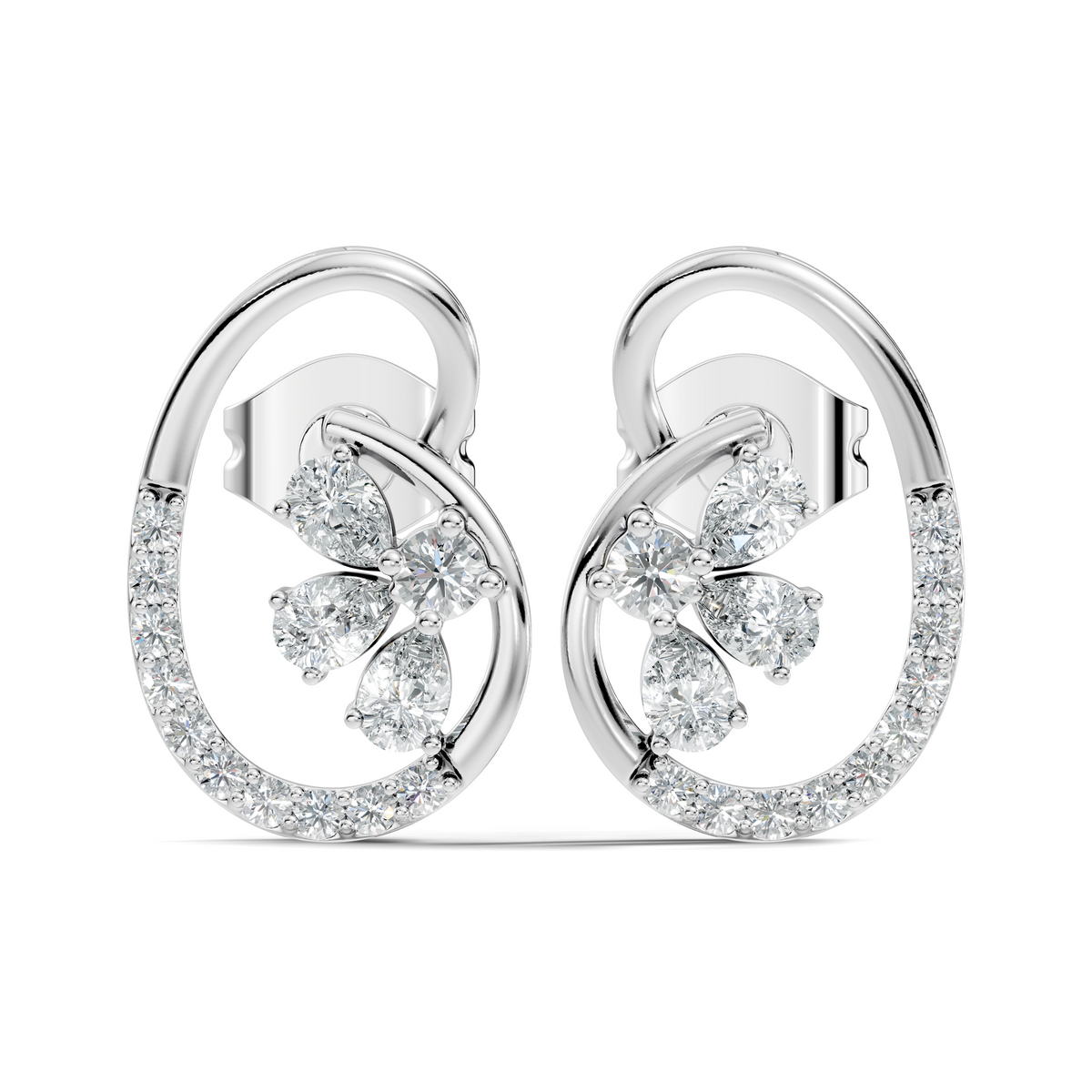 Elegant Oval Frame Floral Pear And Round Diamond Stud Earrings In 14K Solid Rose Gold - HIGHCARAT DIAMONDS