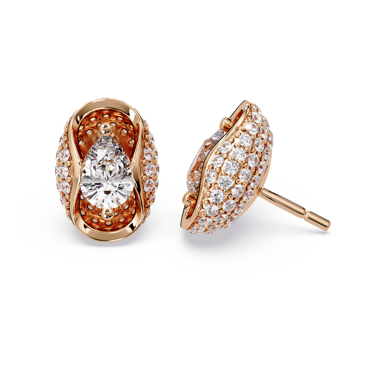 Pear & Round Lab Grown Diamond Stud Pave Set Earrings - HIGHCARAT DIAMONDS