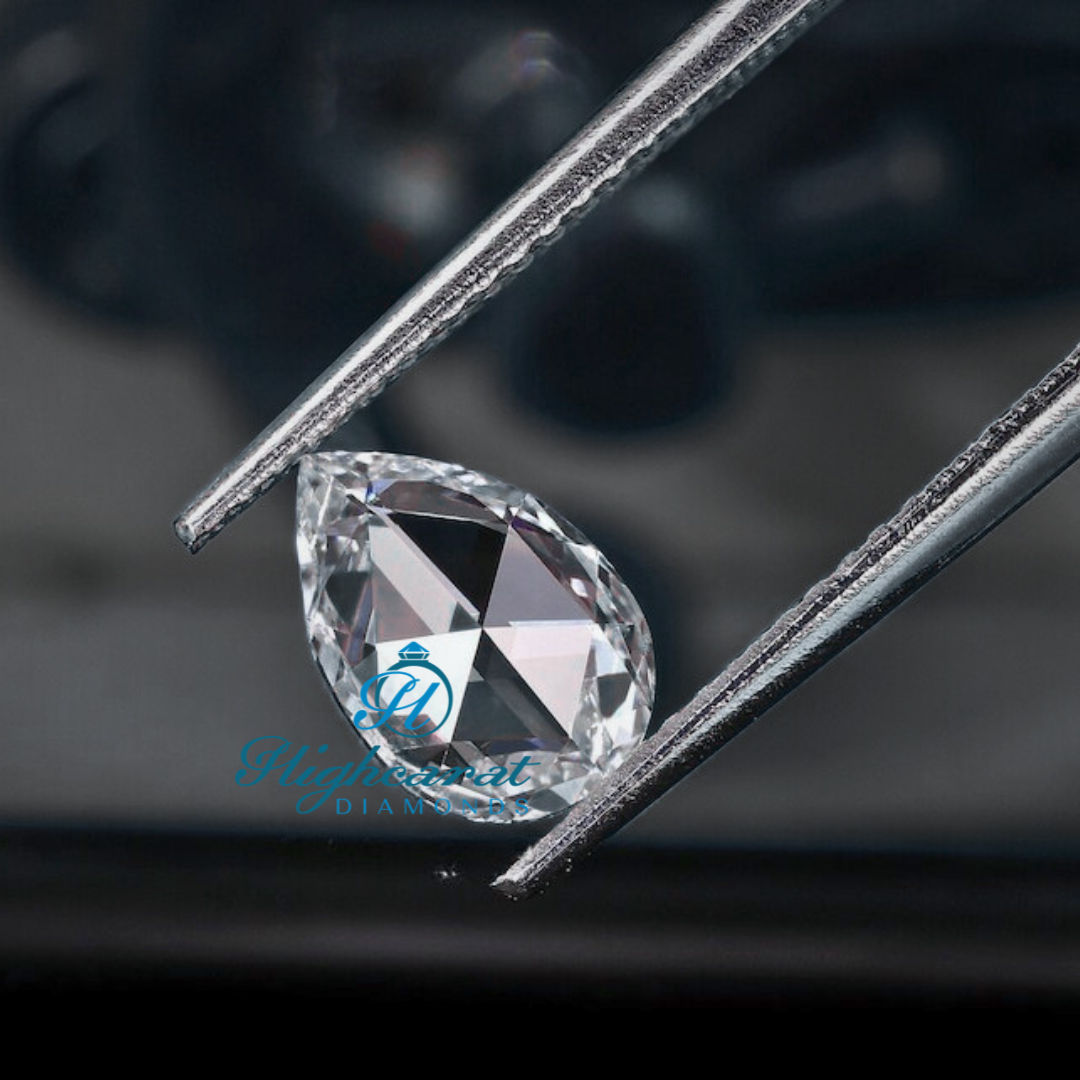 Rose Cut Pear Shape Lab Grown Diamond with flat base and bright reflection