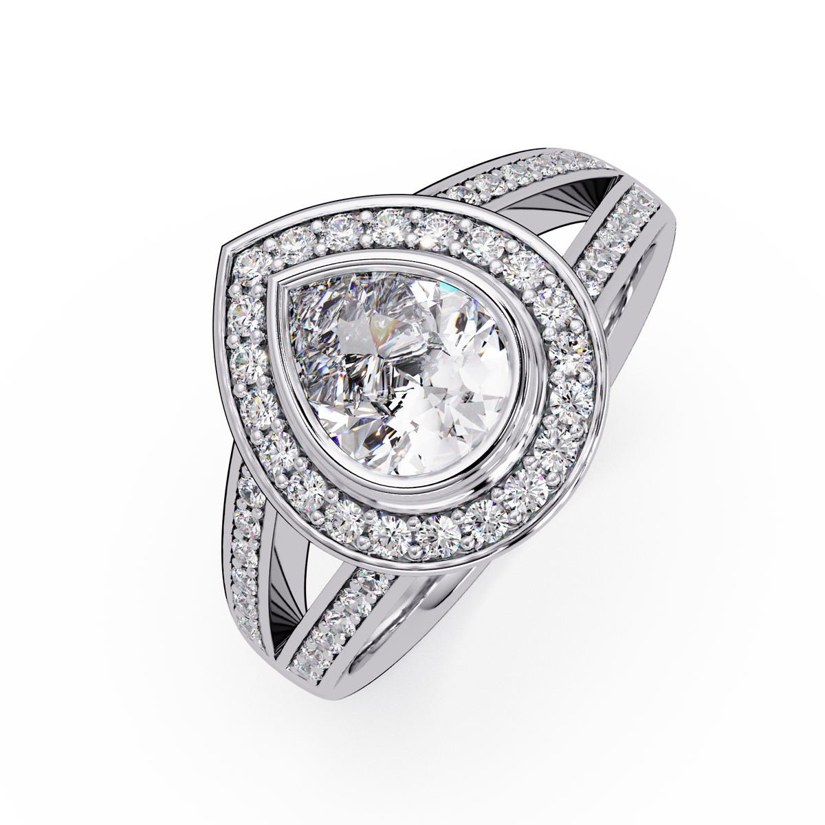 Pear Shaped Double Halo Lab Grown Diamond Split Shank Ring - HIGHCARAT DIAMONDS