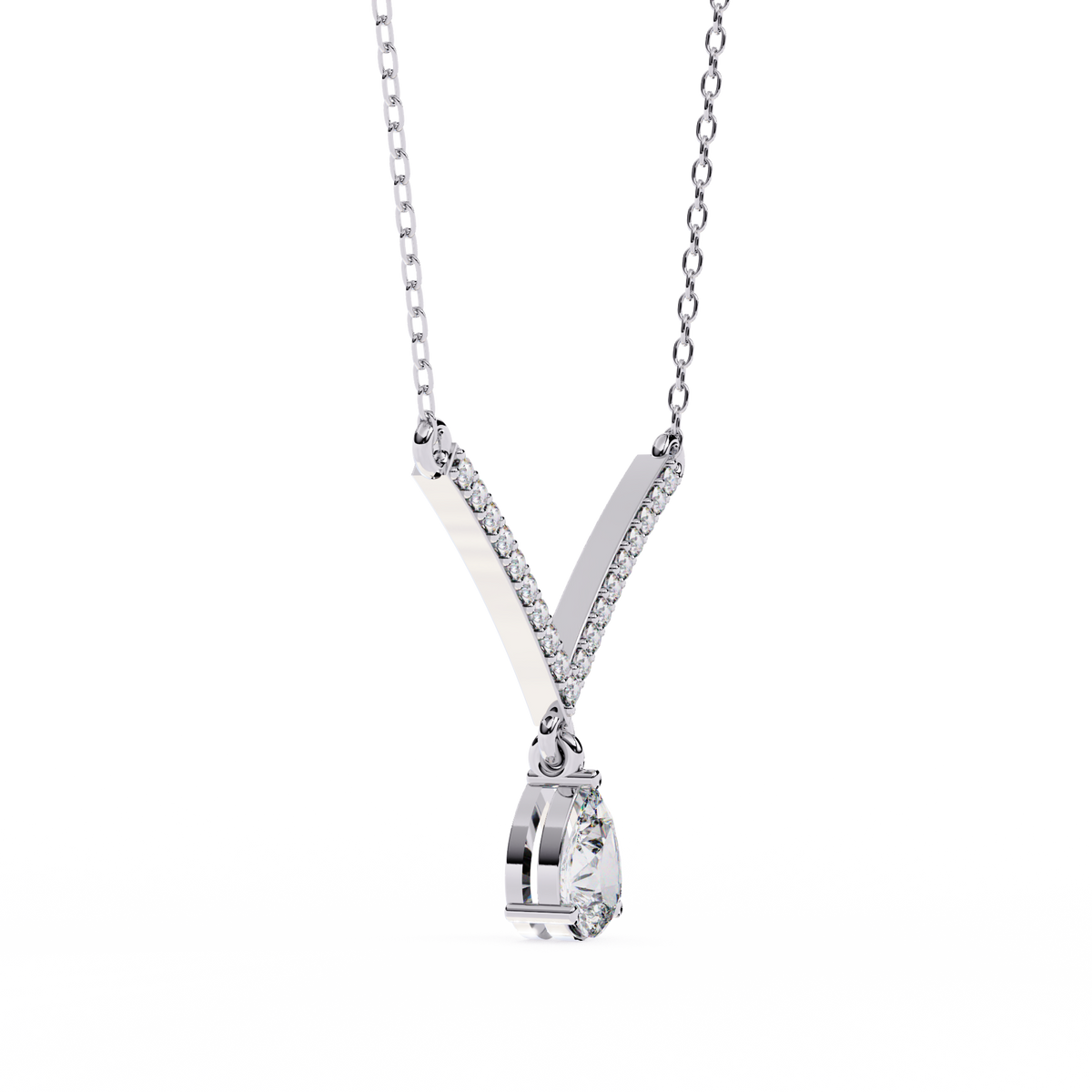 Minimal V shape necklace with sparkling pear diamond