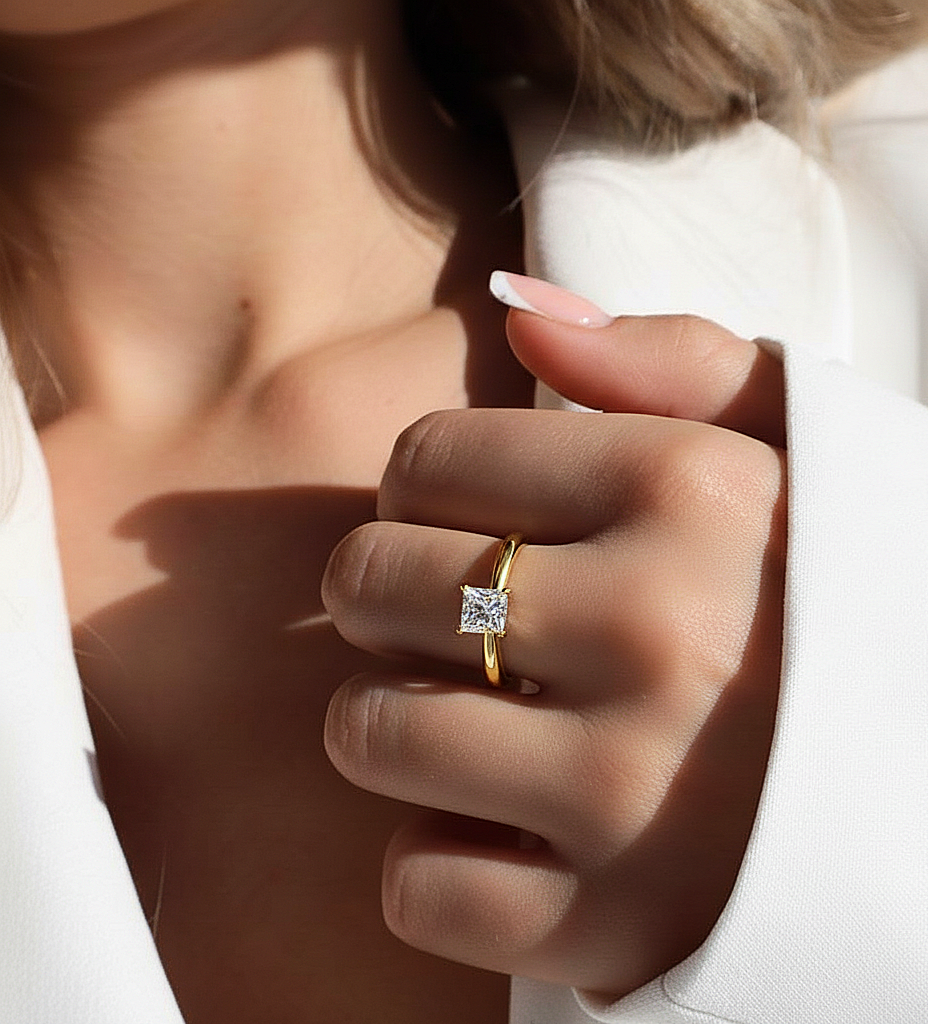 Hand wearing princess shape solitaire lab diamond ring