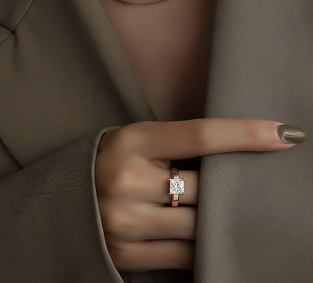 Hand wearing princess shape solitaire lab diamond ring