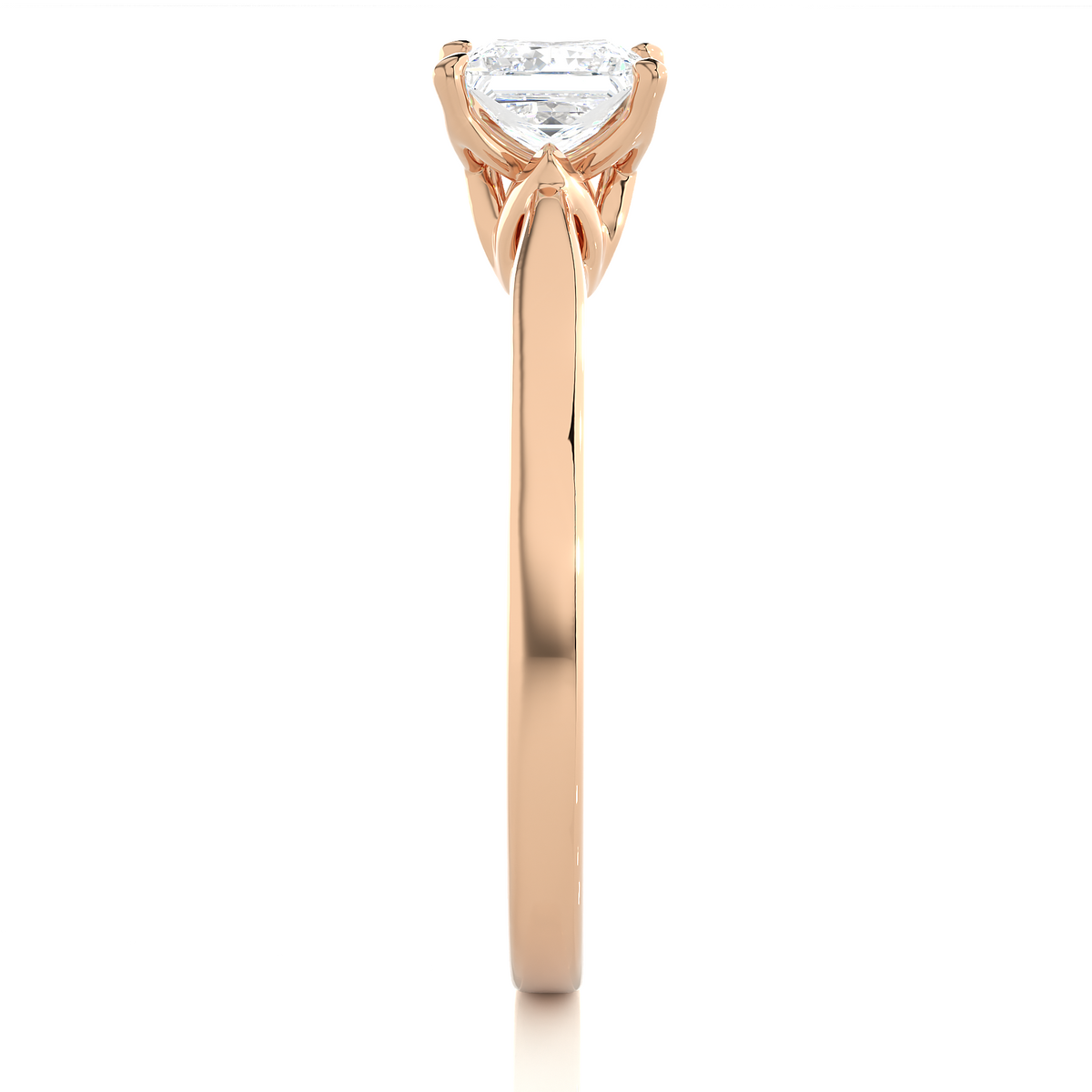 Close up of princess cut wedding ring with refined setting details