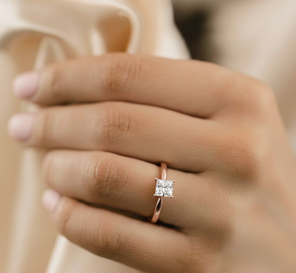 Angled view of princess cut diamond ring with polished finish