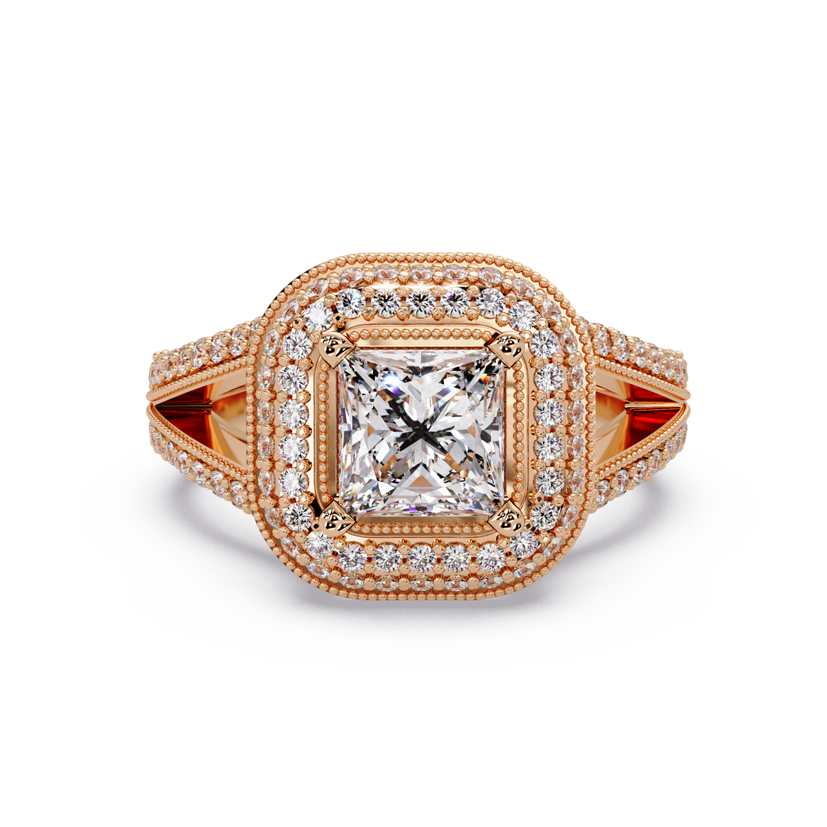 Princess Cut Lab Grown Diamond Double Halo Vintage Ring - HIGHCARAT DIAMONDS