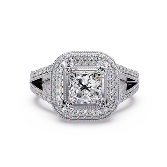 Princess Cut Lab Grown Diamond Double Halo Vintage Ring - HIGHCARAT DIAMONDS