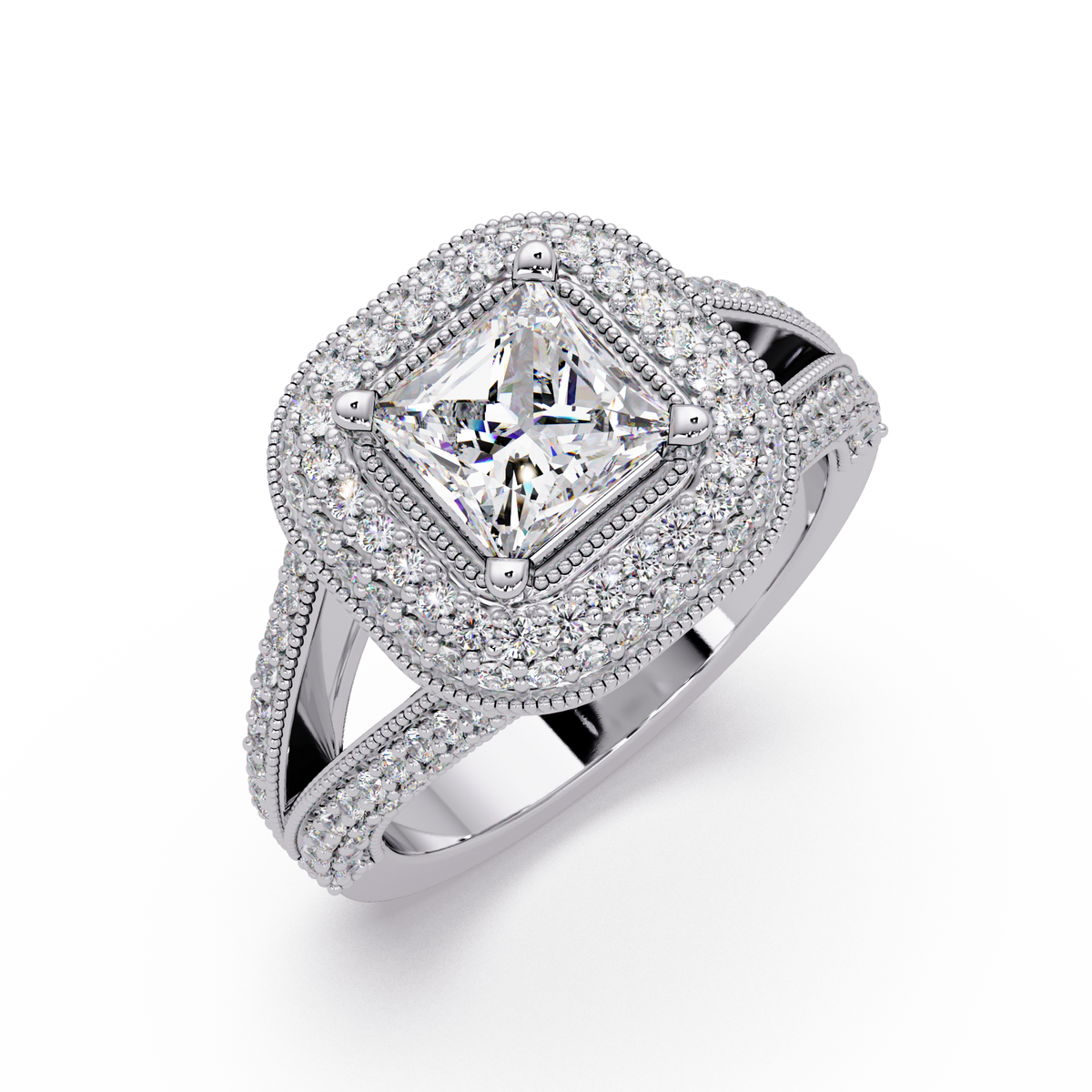 Princess Cut Lab Grown Diamond Double Halo Vintage Ring - HIGHCARAT DIAMONDS
