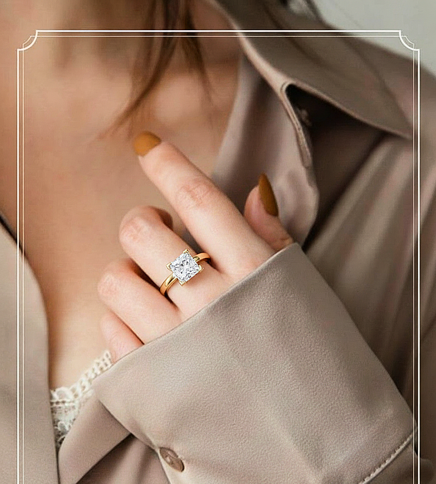 Angled view of princess cut diamond engagement ring with clean finish