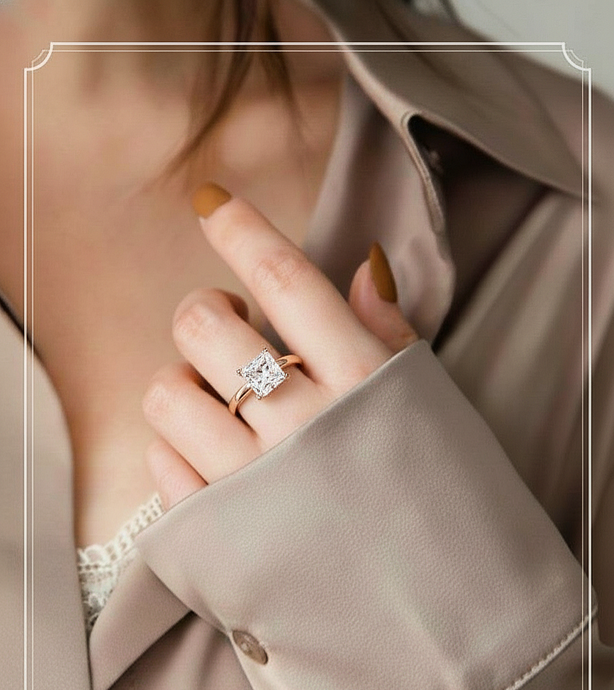 360 view video of princess cut lab grown diamond solitaire engagement ring rotating on white background