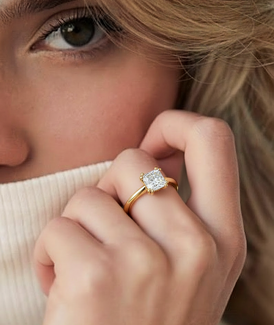 Hand wearing princess shape solitaire lab diamond ring