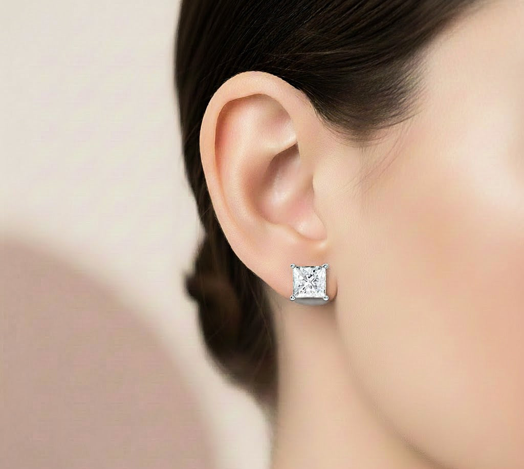 White gold princess cut lab grown diamond earrings worn for daily look
