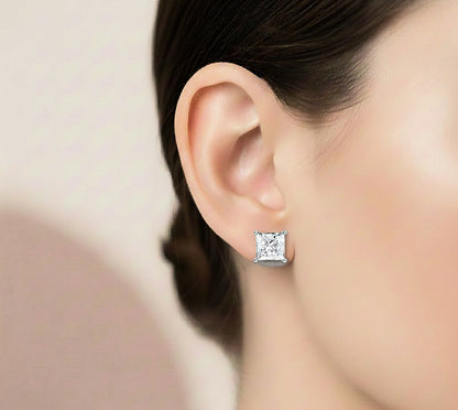 White gold princess cut lab grown diamond earrings worn for daily look