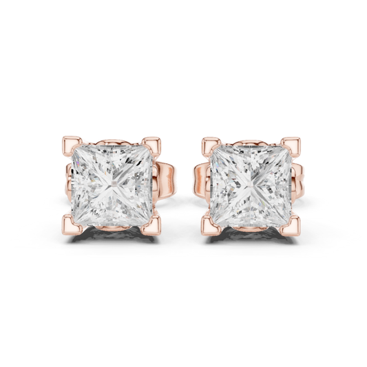 Princess Cut Solitaire Lab Grown Diamond Yellow Gold Stud Earring
