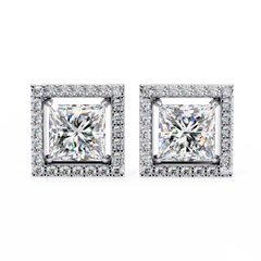 Princess and Round Cut Lab Grown Diamond Art Deco Stud Earrings Front View